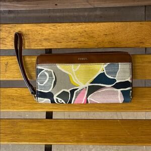 Fossil Brown‎ and Yellow Clutch Wristlet with Artistic Floral Design